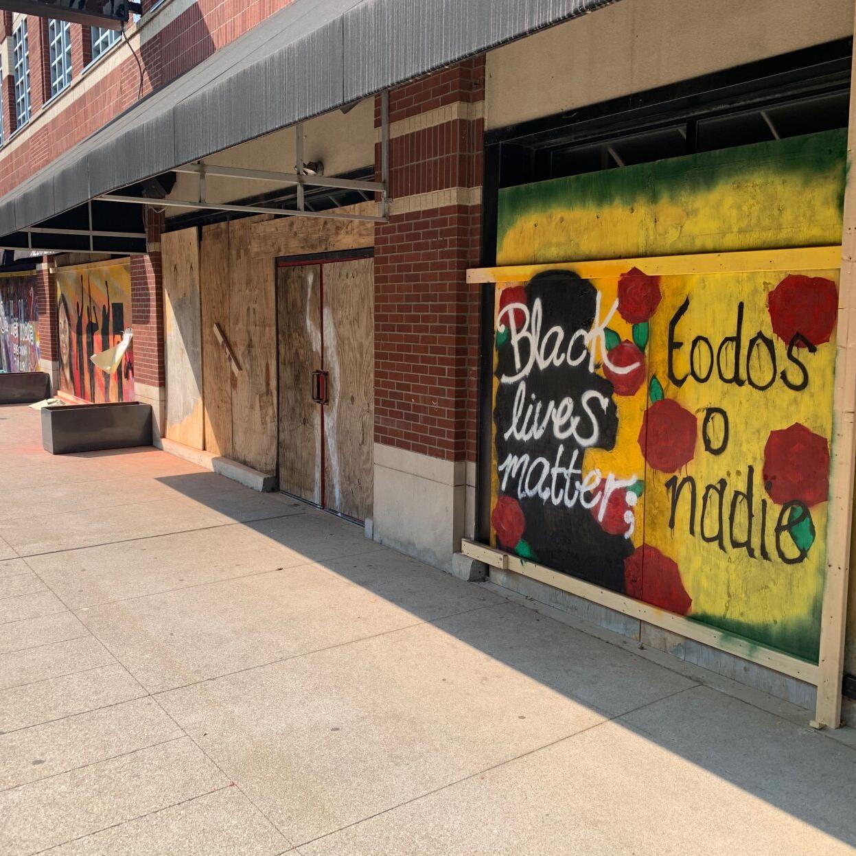 downtown boarded business painted